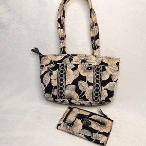 VERA BRADLEY Camellia Black, White & Tan Flowers Small Tote & Wallet - Retired